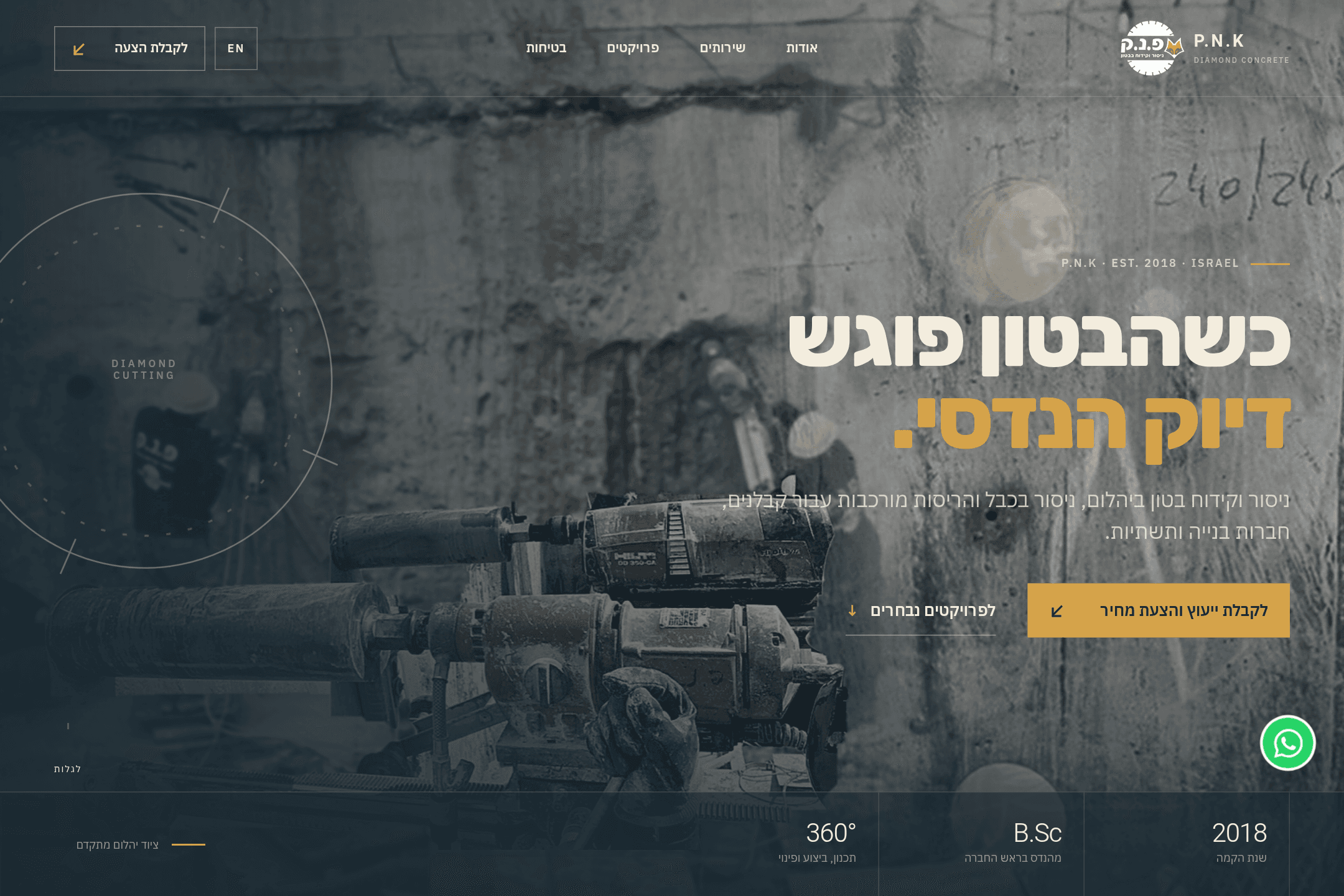 צילום דף הבית של אתר פ.נ.ק ניסור וקידוח בטון